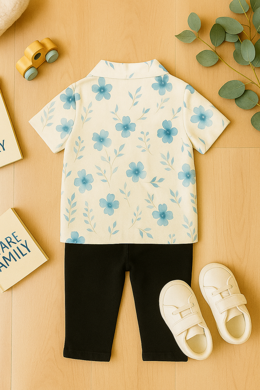 Baby Boy Blue Floral Shirt and Black Pants Set