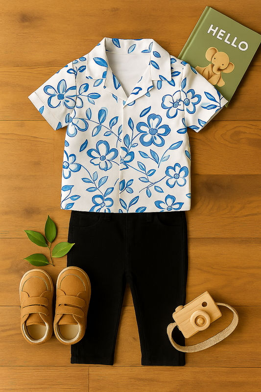 Baby Boy Blue Floral Shirt and Black Pants Set