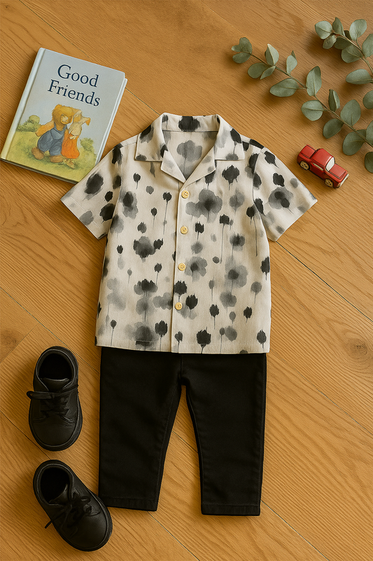 Baby Boy Printed Shirt and Black Pants Set