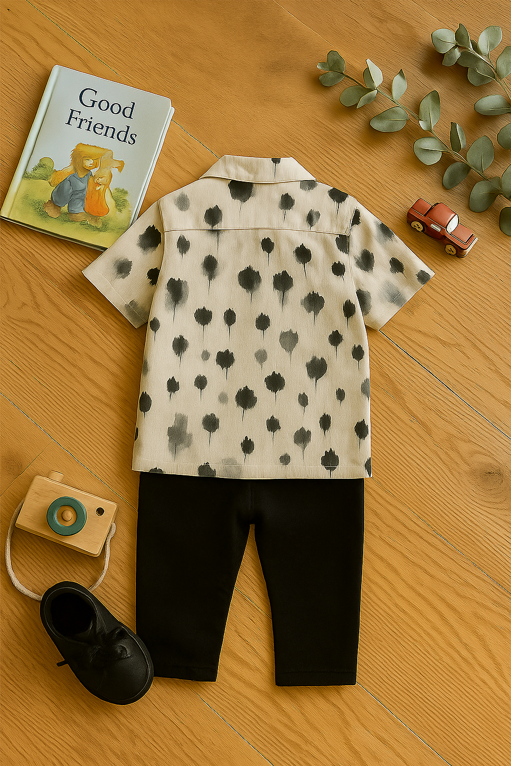 Baby Boy Printed Shirt and Black Pants Set
