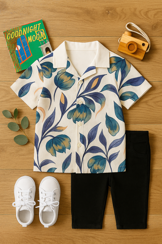 Baby Boy Floral Shirt and Black Pants Set