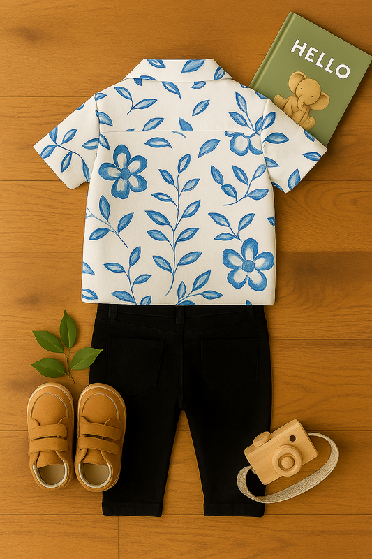Baby Boy Blue Floral Shirt and Black Pants Set