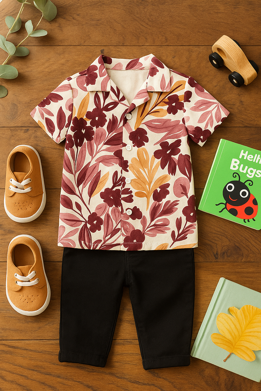 Baby Boy Floral Shirt and Black Pants Set