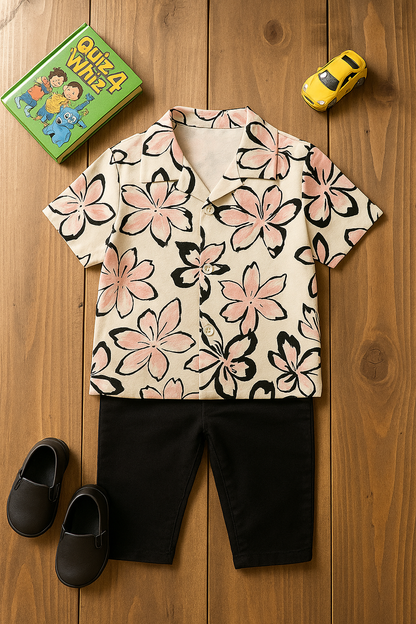 Baby Boy Pink Floral Shirt and Black Pants Set