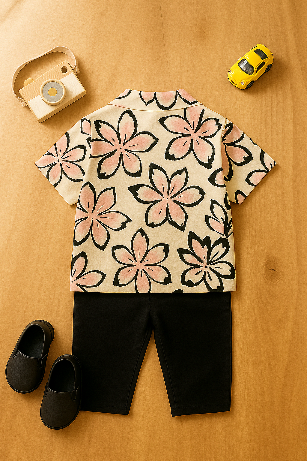 Baby Boy Pink Floral Shirt and Black Pants Set