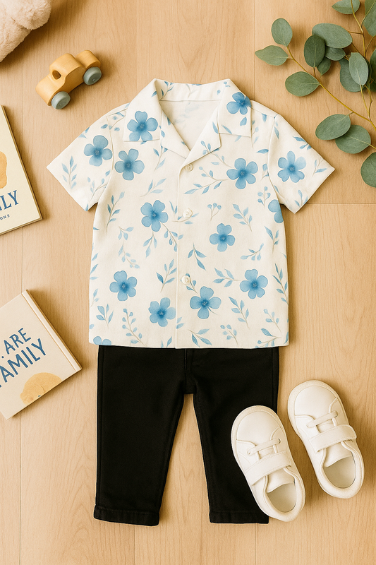 Baby Boy Blue Floral Shirt and Black Pants Set